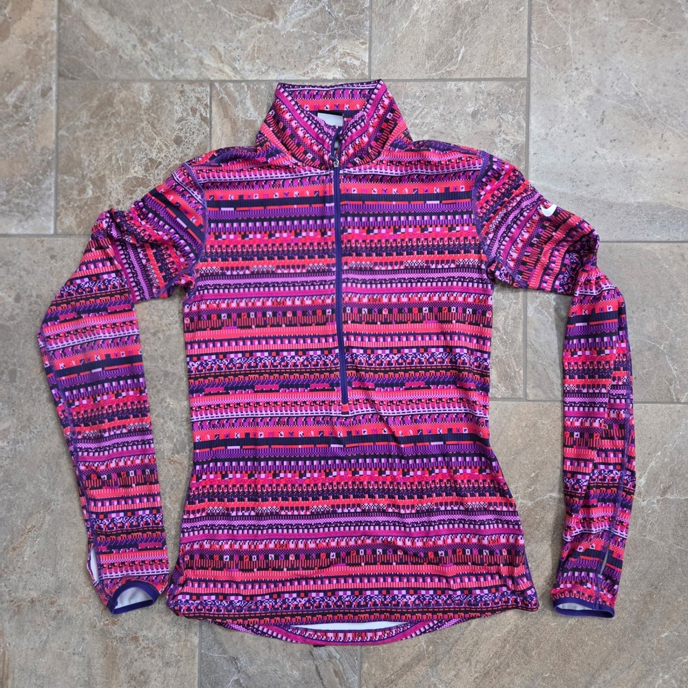 Nike Pro Dri Fit Womens Geometric Print 1/4 Zip Long Sleeve‎ Athletic Top M